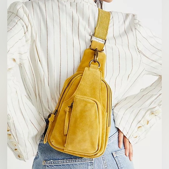 Free People Handbags - Free People Leather Hudson Suede Sling Bag Apple Green